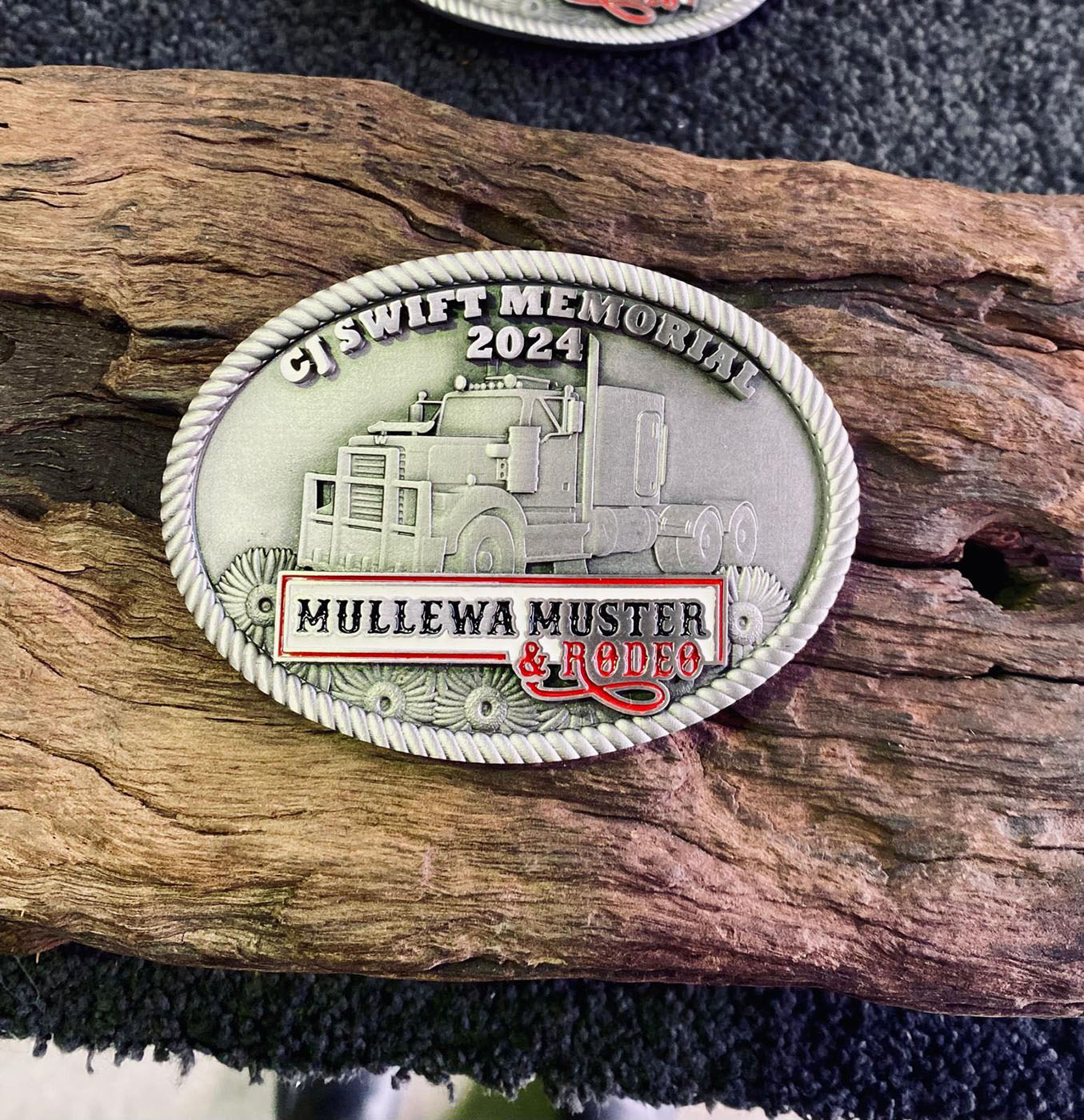 Mullewa Muster Memorial rodeo commemorative belt buckle featuring truck artwork