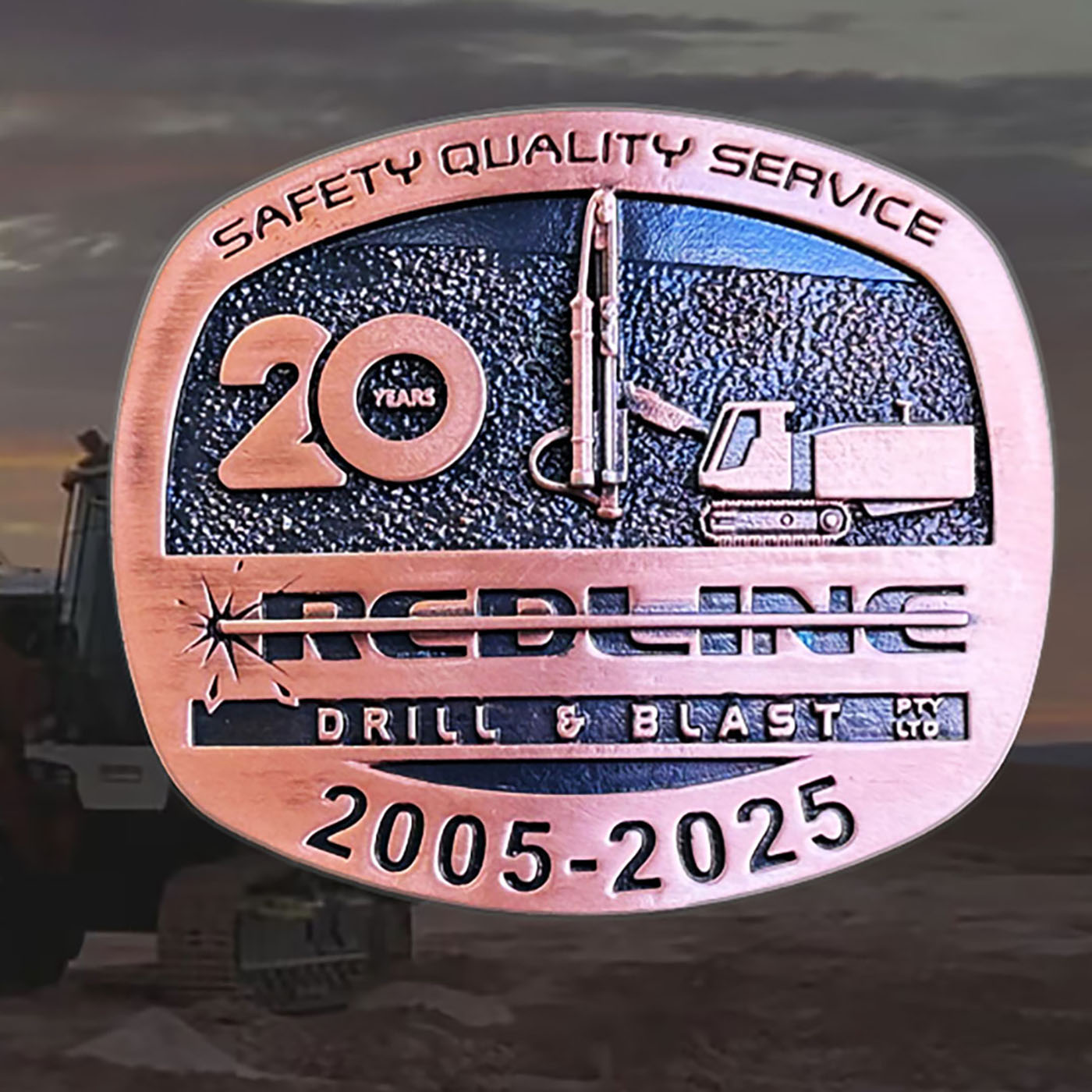 Redline Drill and Blast 20 year safety and service commemorative belt buckle in antique copper plate finish