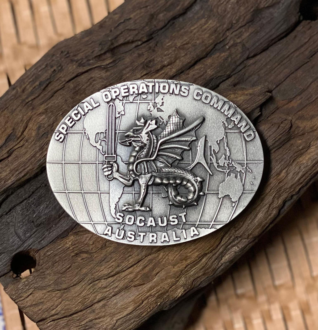 Special Operations Command Australia commemorative belt buckle featuring wyvern insignia artwork