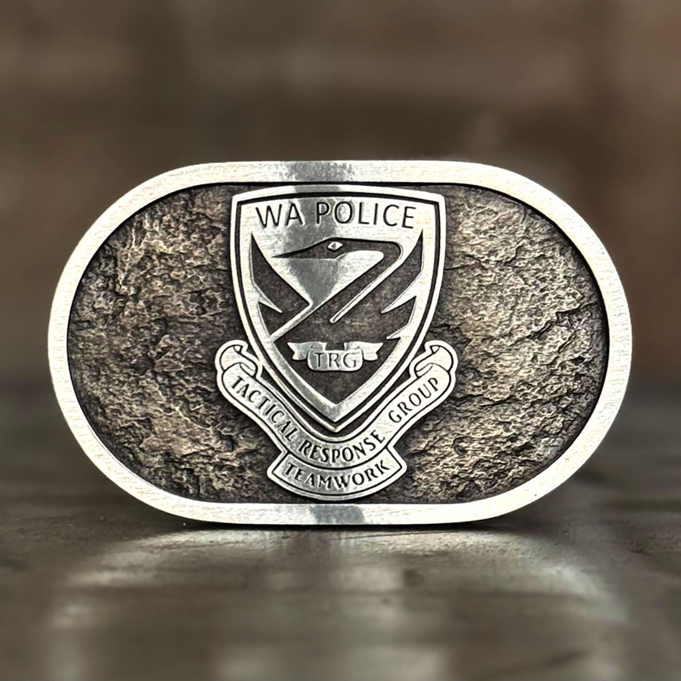 WA Police Tactical Response Group custom pewter belt buckle presentation piece