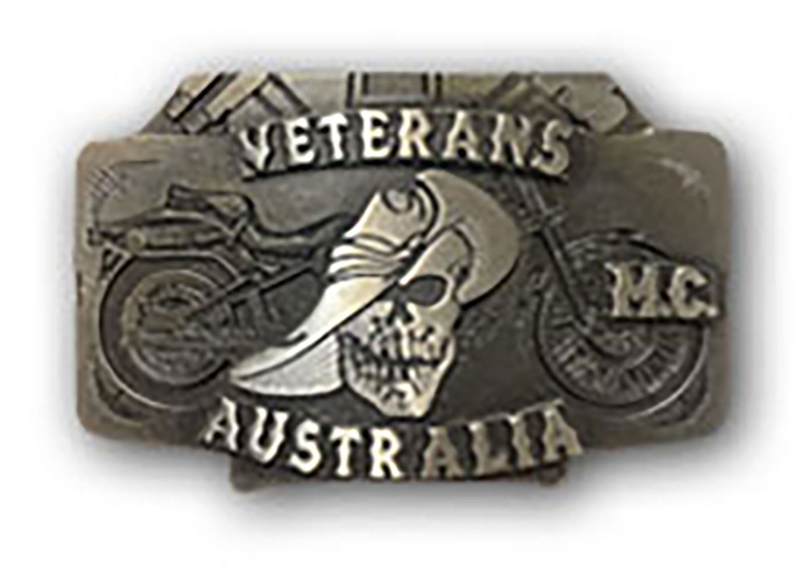 Veterans Australia motorcycle themed commemorative belt buckle with skull artwork