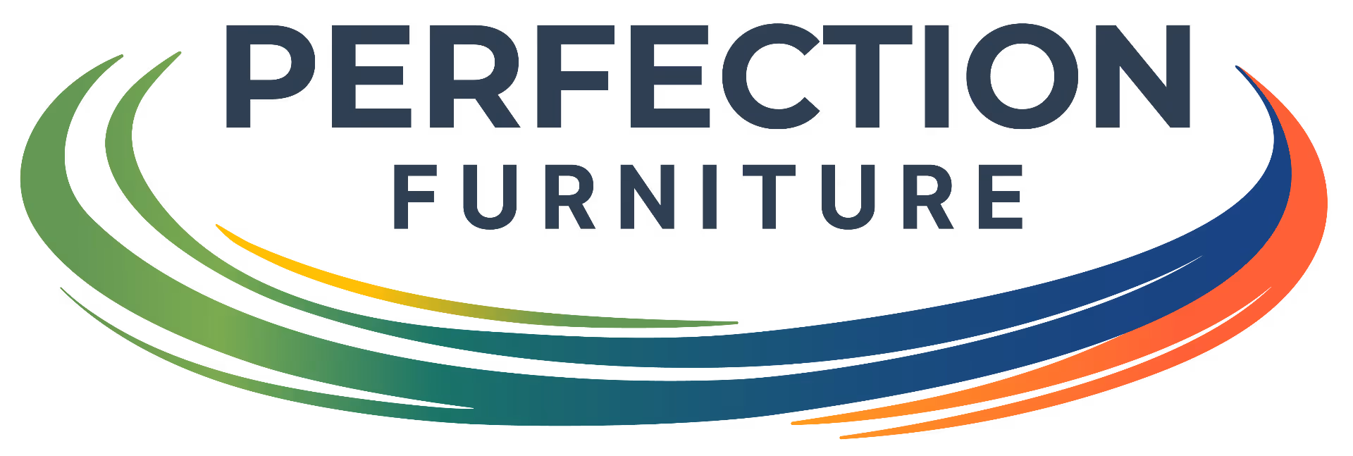 Perfection Furniture logo with colorful curved lines in green, blue, yellow, and orange under the text.