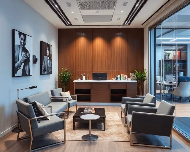 Modern office lounge with gray chairs, wooden wall, plants, and black-and-white portraits on a wall.