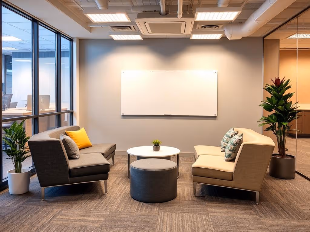 Modern office lounge with gray and beige sofas, round table, ottoman, and plants by glass walls.