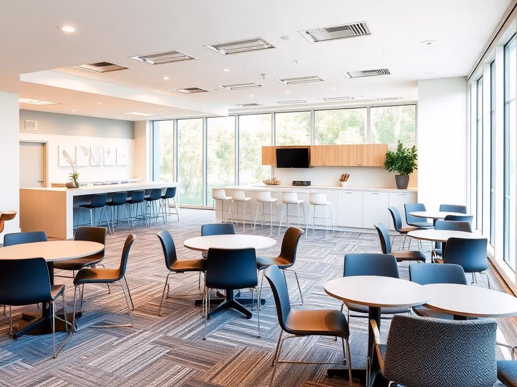 Modern breakroom with round tables and chairs, high stools, large windows, and bright natural light.