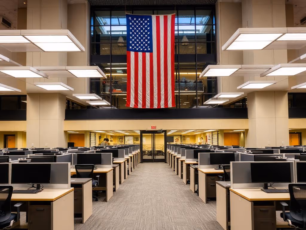 Empty office space with rows of desks and a large American flag hanging on the back wall.