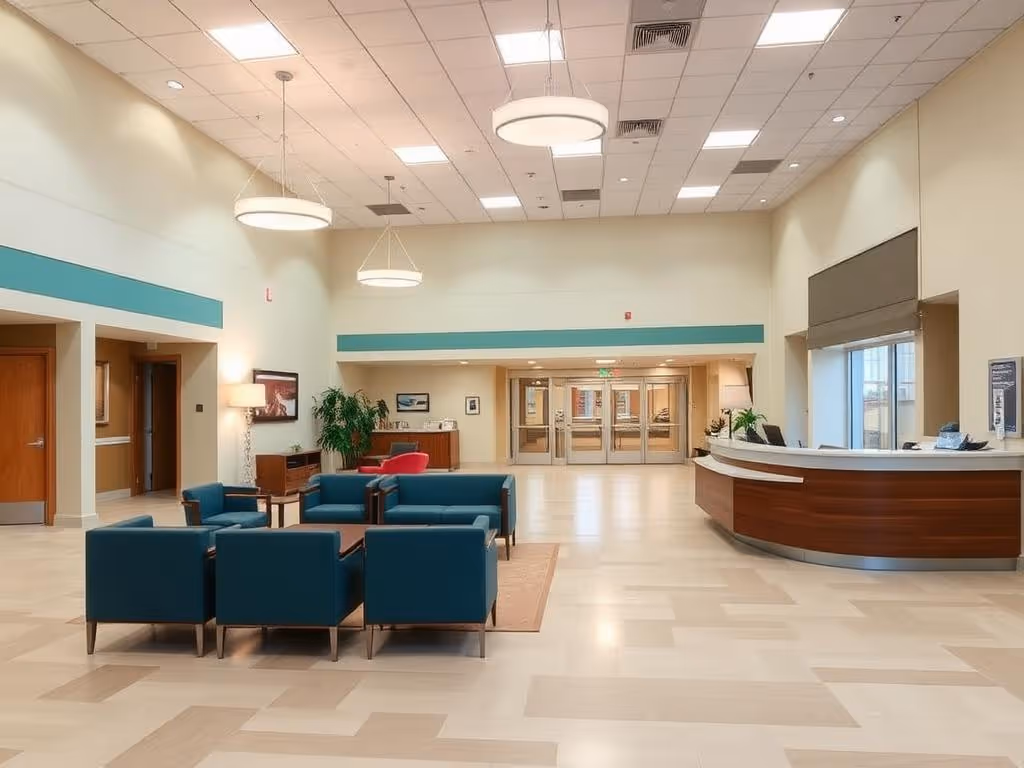 Spacious hospital lobby with teal chairs, reception desk, beige walls, and large lights on ceiling.