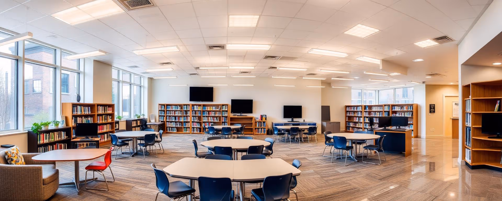 Spacious library with round tables, chairs, bookshelves, and large windows letting in natural light.