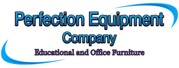 Logo with text Perfection Equipment Company, Educational and Office Furniture in blue and purple with blue accents.