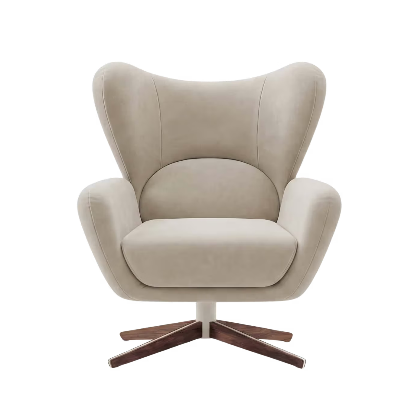 Beige upholstered armchair with a high curved back and wooden swivel base.