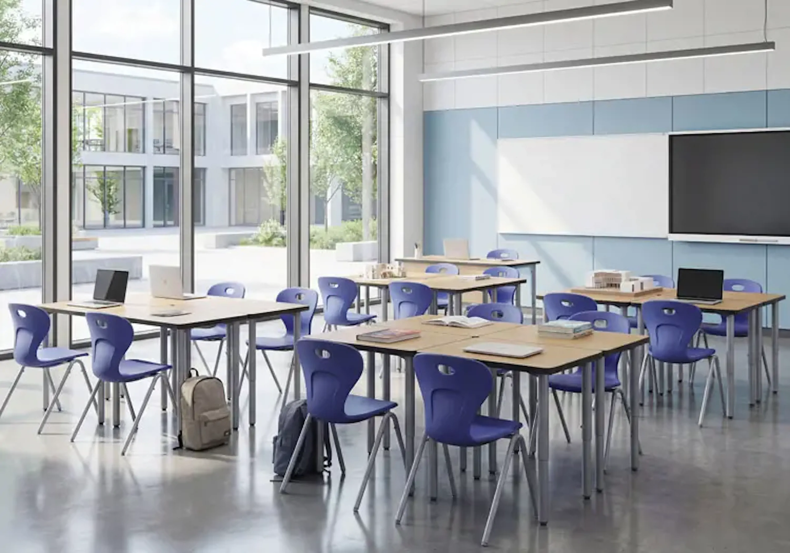Classroom with student desks and collaborative seating