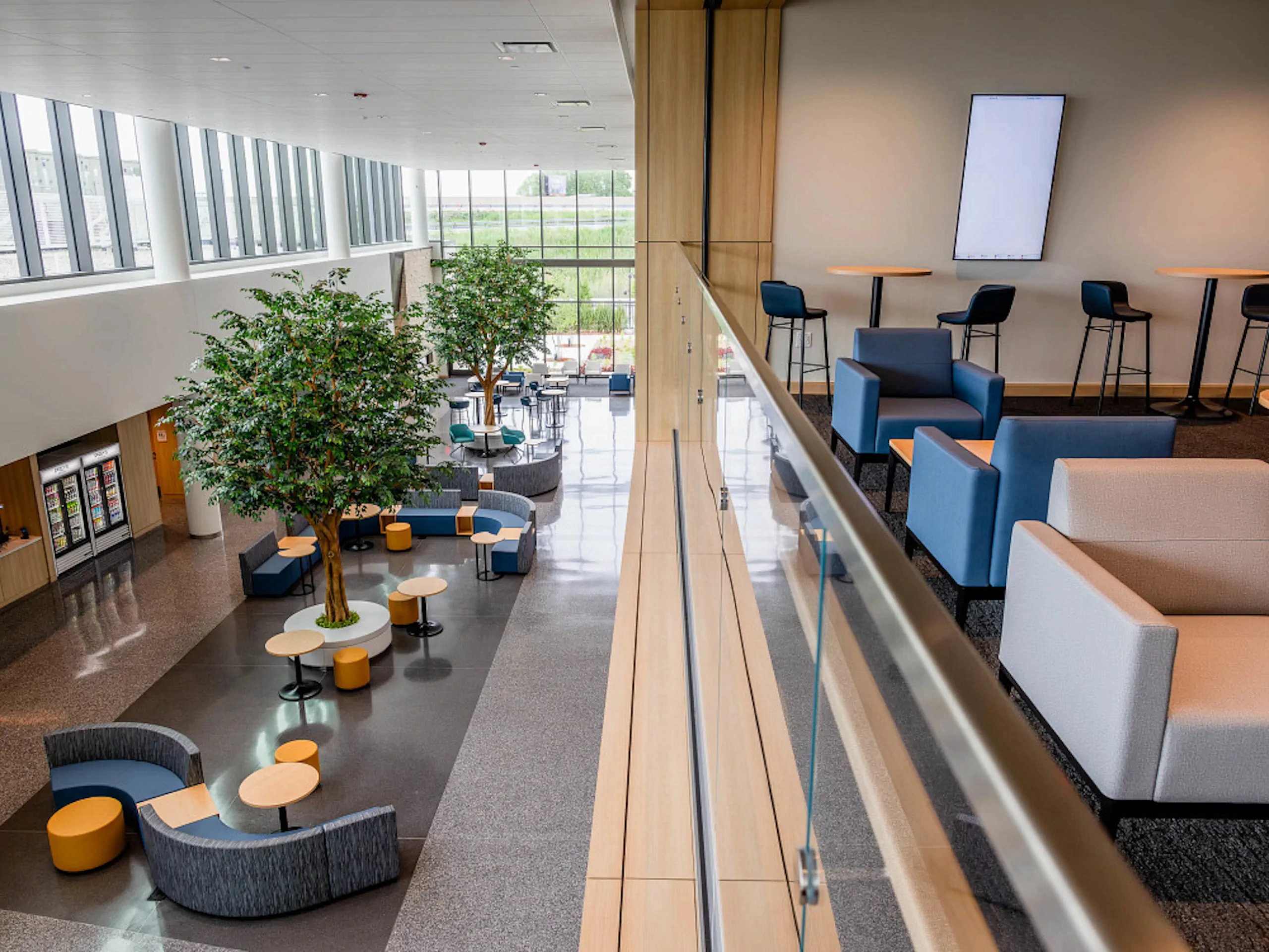 School cafeteria with tables and bench seating
