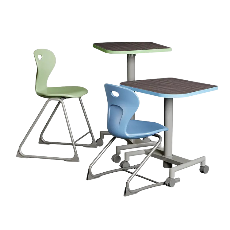 Student desk with a clear top and metal frame.