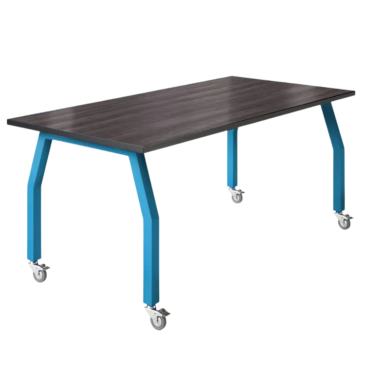 School desk with attached chair and built-in storage shelf.