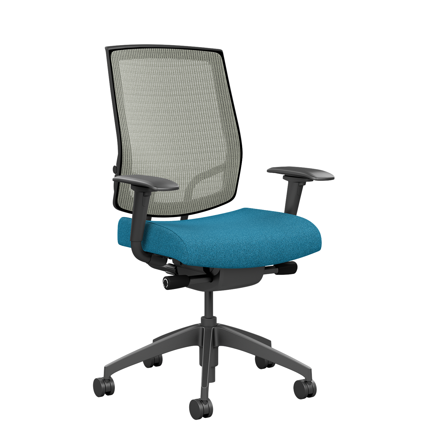 Modern ergonomic office chair with armrests.