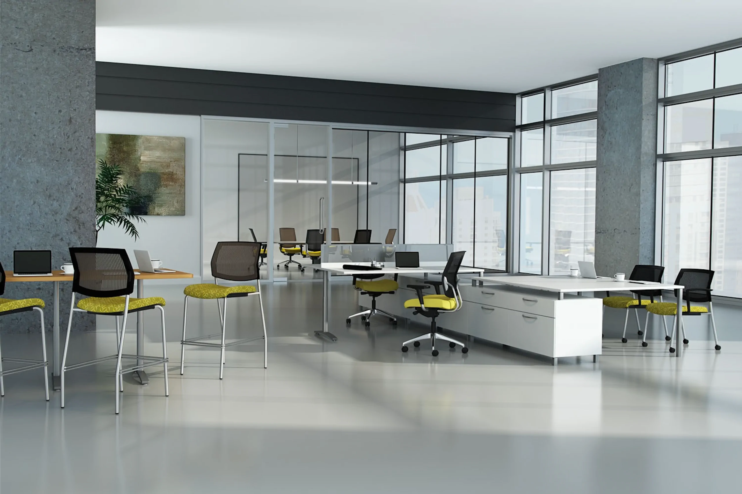 Open office workstations with ergonomic seating