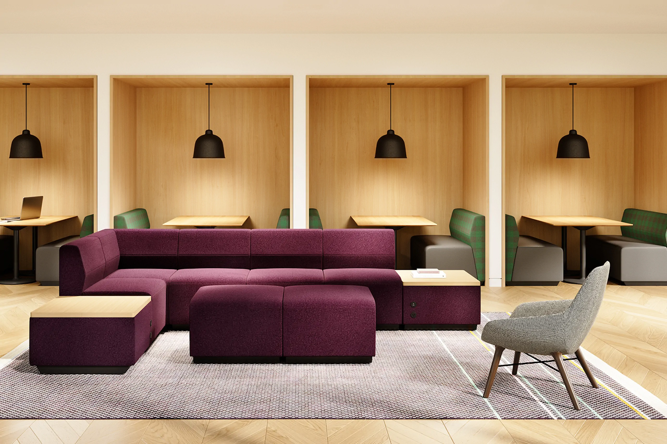 Employee breakroom with tables and seating