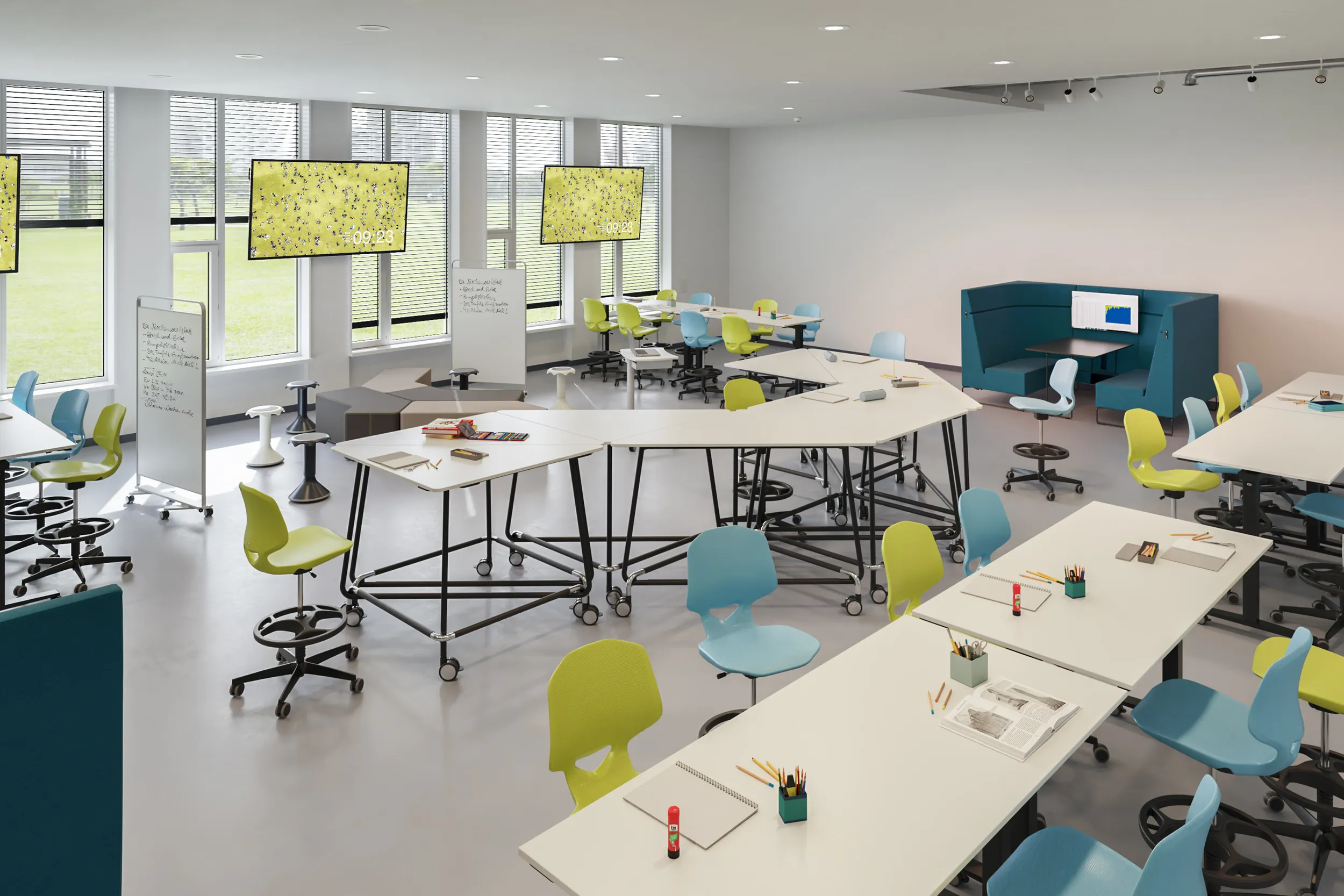 Higher education classroom furniture setup with modern seating and tables