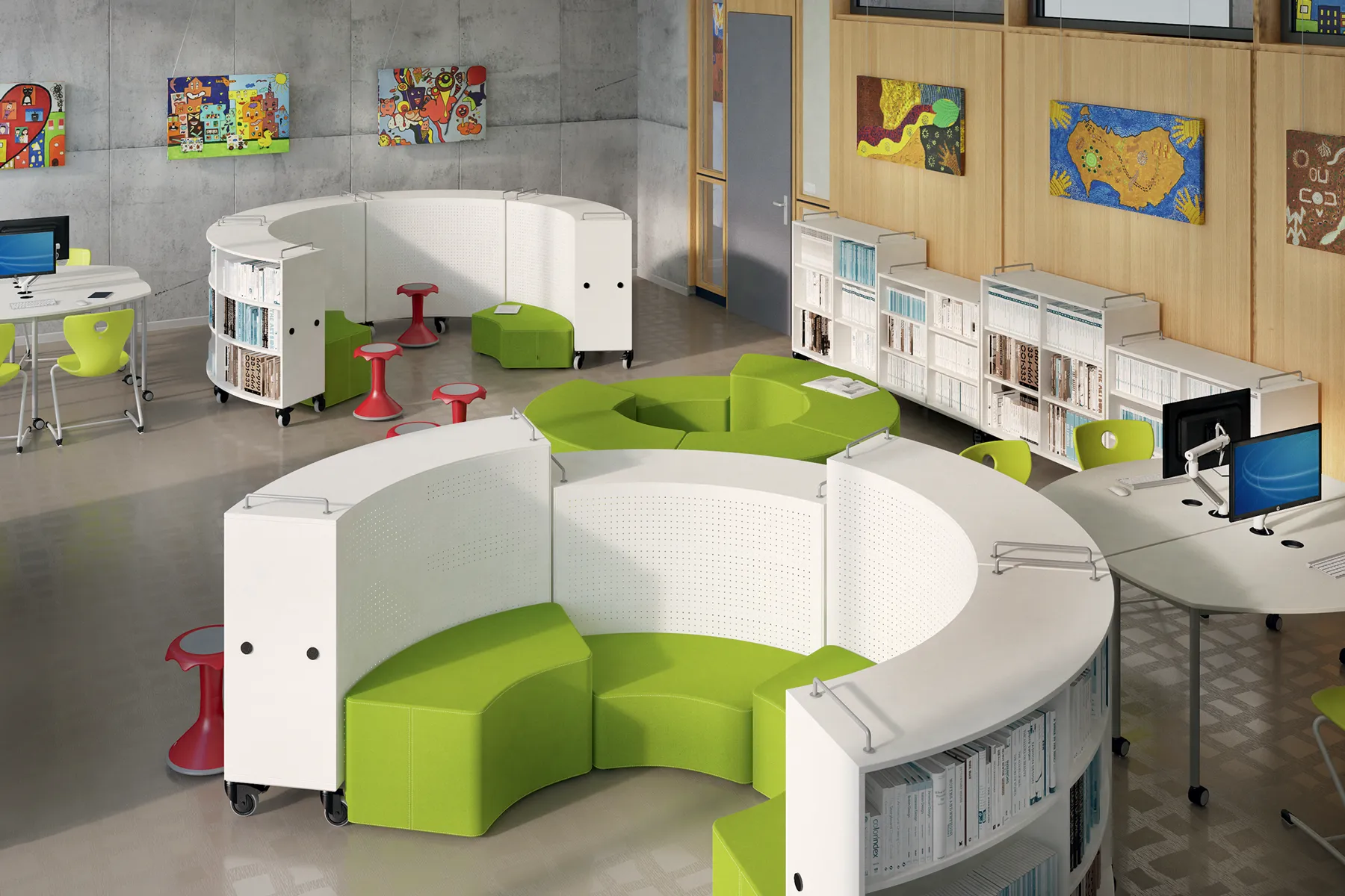 School library with seating and bookshelves.