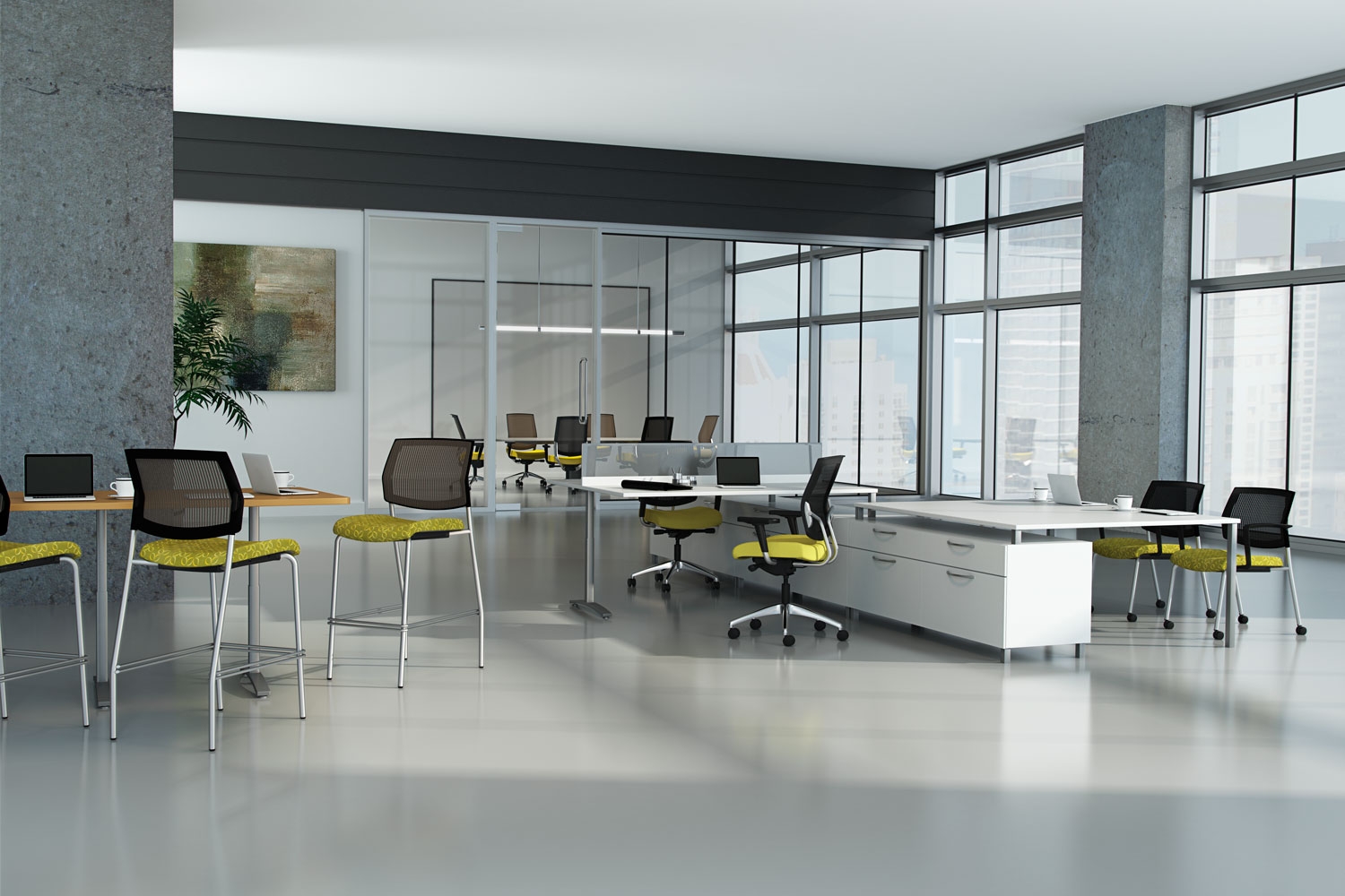 Modern office with yellow chairs, desks, laptops, large windows, and a glass-walled conference room.