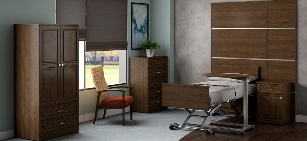 Modern hospital room with a medical bed, wooden furniture, a chair, and a window with blinds.