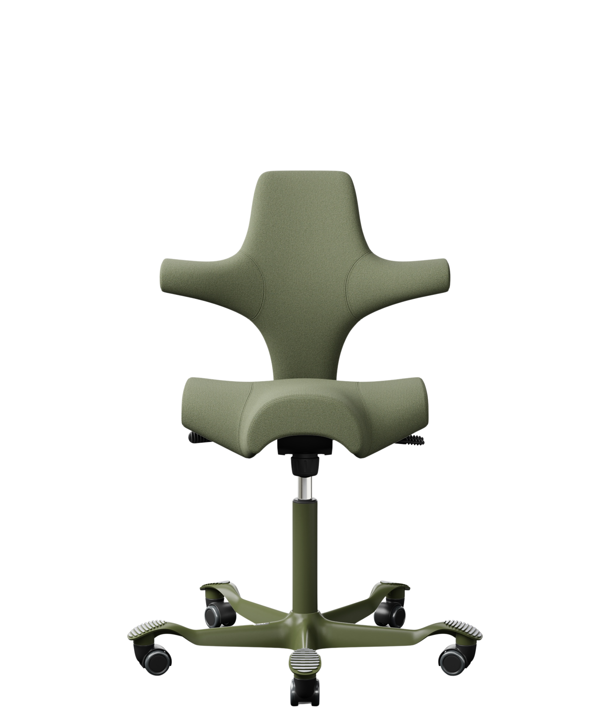 Modern olive green ergonomic office chair with armrests and five caster wheels.