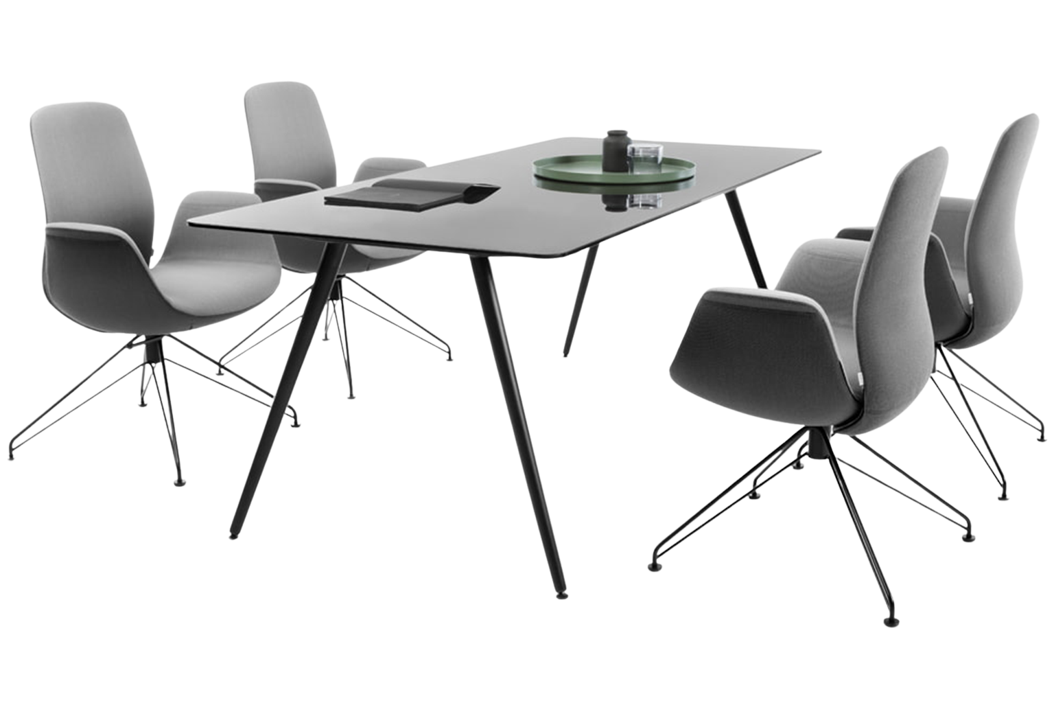 Modern black table with glass top surrounded by four gray swivel chairs.