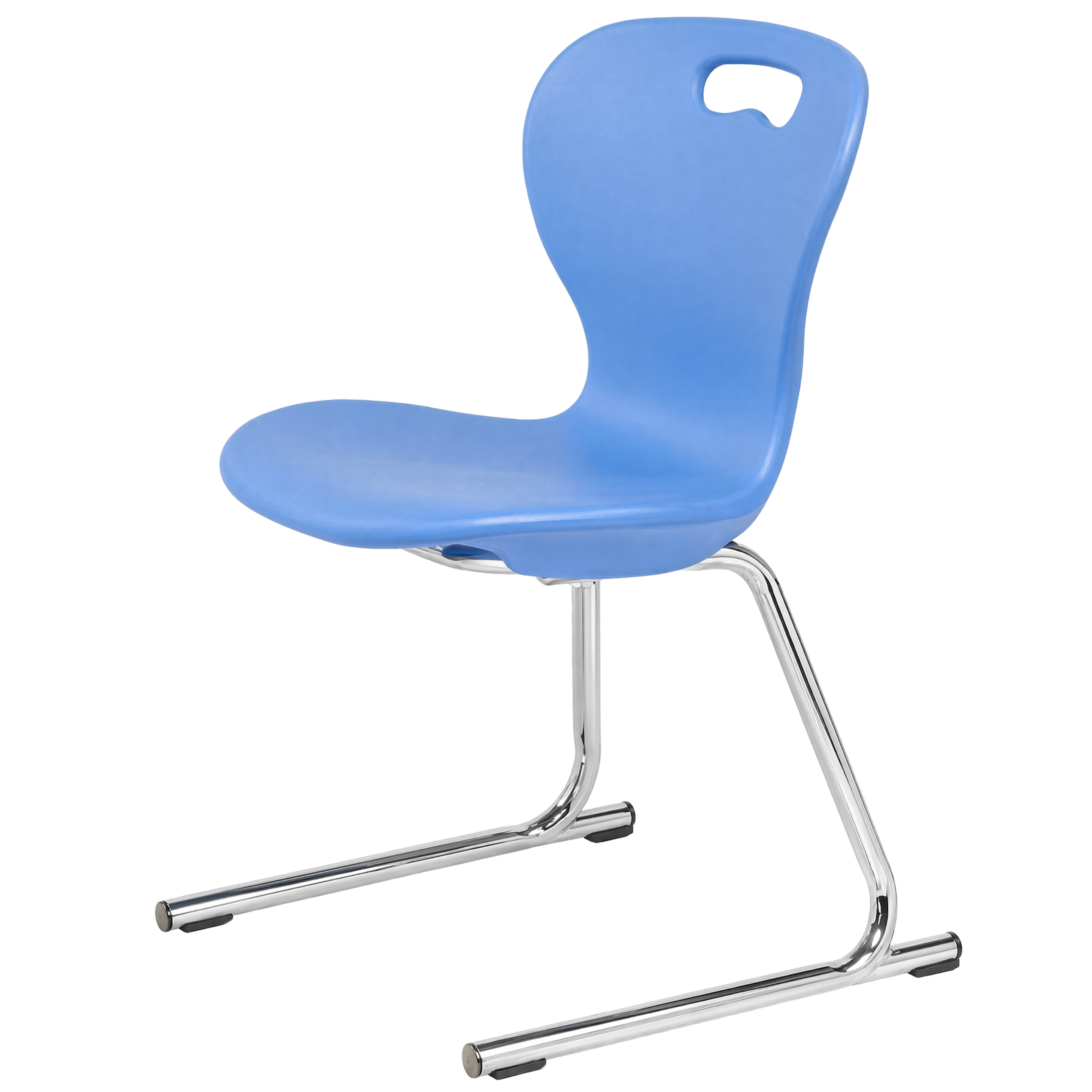 Blue plastic chair with a curved backrest and chrome sled base legs on a white background.