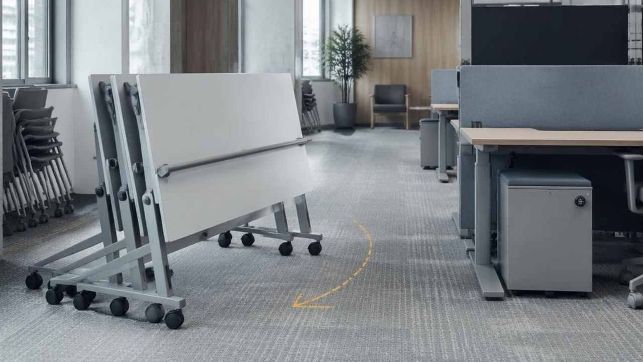 Hybrid office workspace with flexible furniture layout