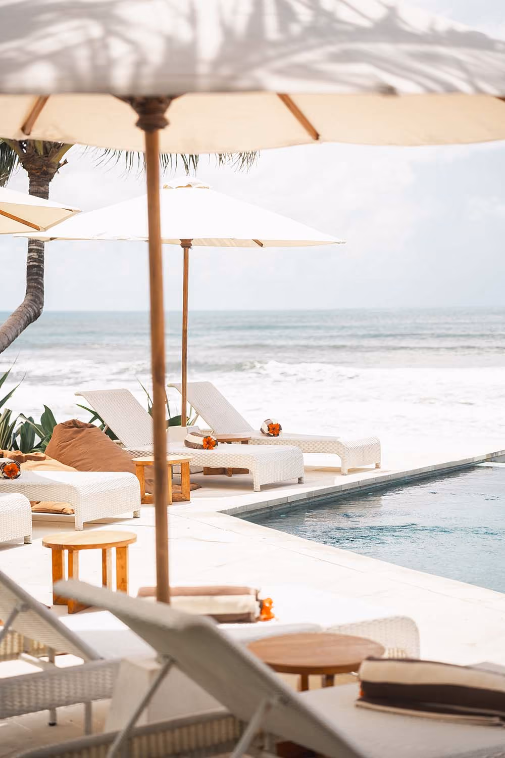 Poolside lounge chairs with umbrellas next to an ocean view and palm trees on a sunny day.