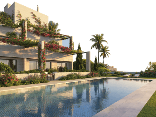 Modern building with flowering vines beside a rectangular swimming pool and palm trees.