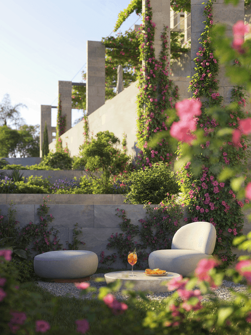 Outdoor seating with modern chair, ottoman, table, and orange drink in a garden with pink flowers.