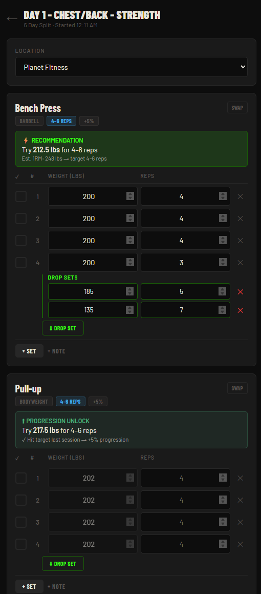 RepDemon active workout — Bench Press with auto-progression