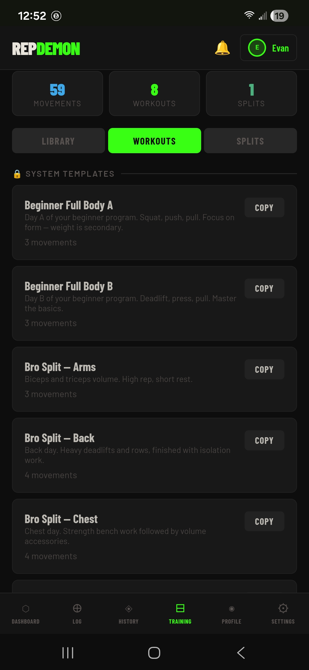 RepDemon Library, Workouts, Splits tabs