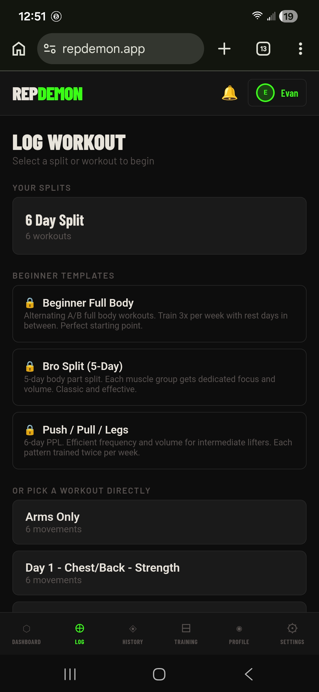 Log Workout split picker