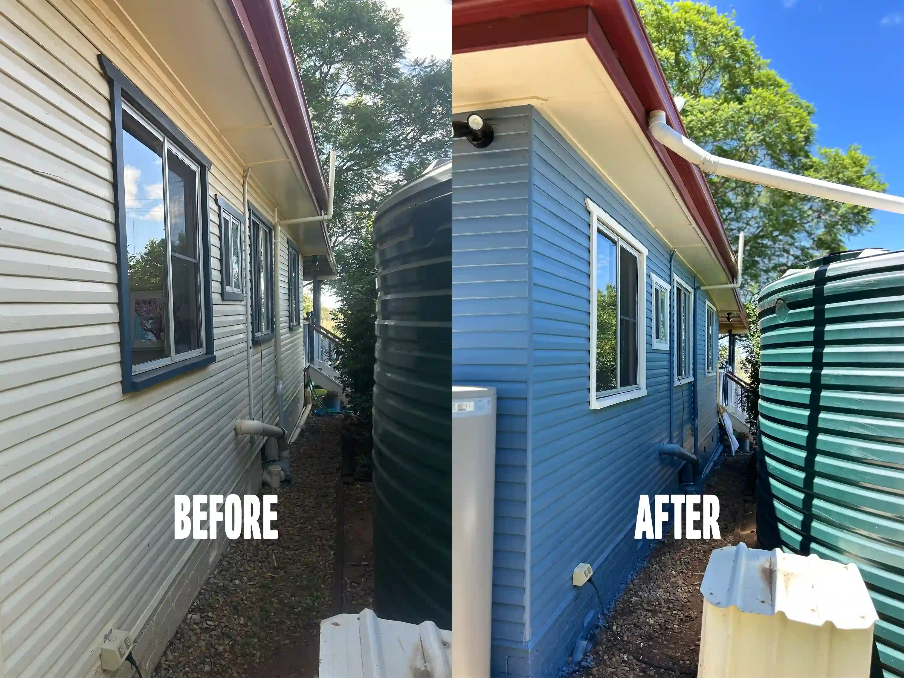 A before and after of an exterior paint job of a weatherboard home