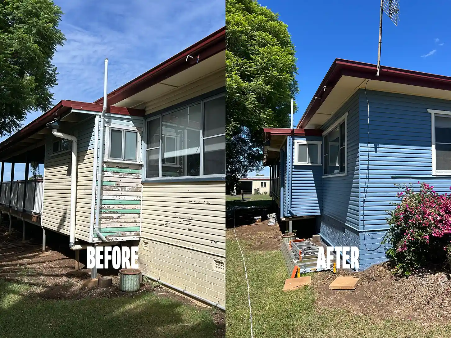 Before and After of an exterior paint job of a Weatherboard home
