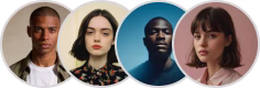 Four diverse individuals in round frames with neutral and colored backgrounds.