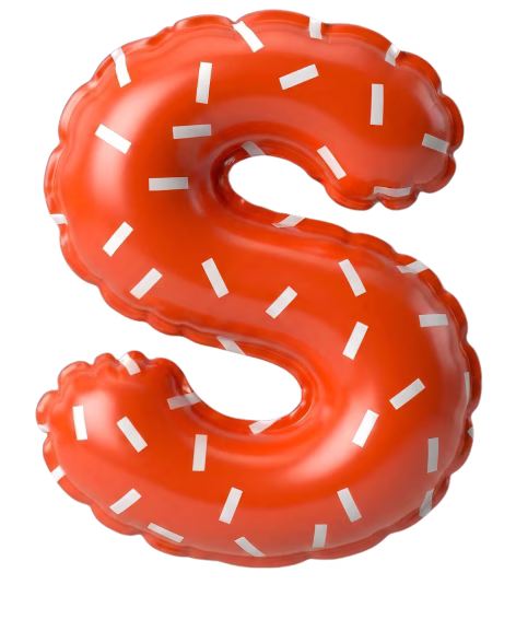 Red balloon shaped like the letter S with white sprinkle-like patterns.