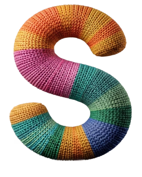 Knitted multicolored letter S with stripes in orange, pink, green, and blue yarn.