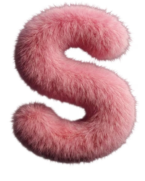 Curved letter S with soft pink fluffy fur texture on black background.