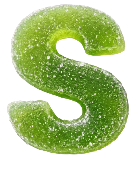 Green gummy candy shaped like the letter S coated with sugar crystals.