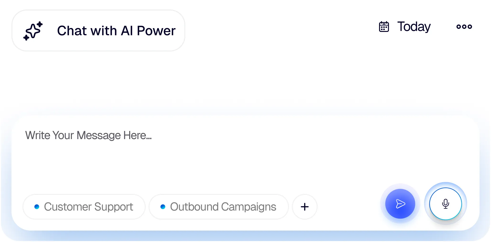 Chat interface with input box, options for Customer Support and Outbound Campaigns, send and microphone buttons.