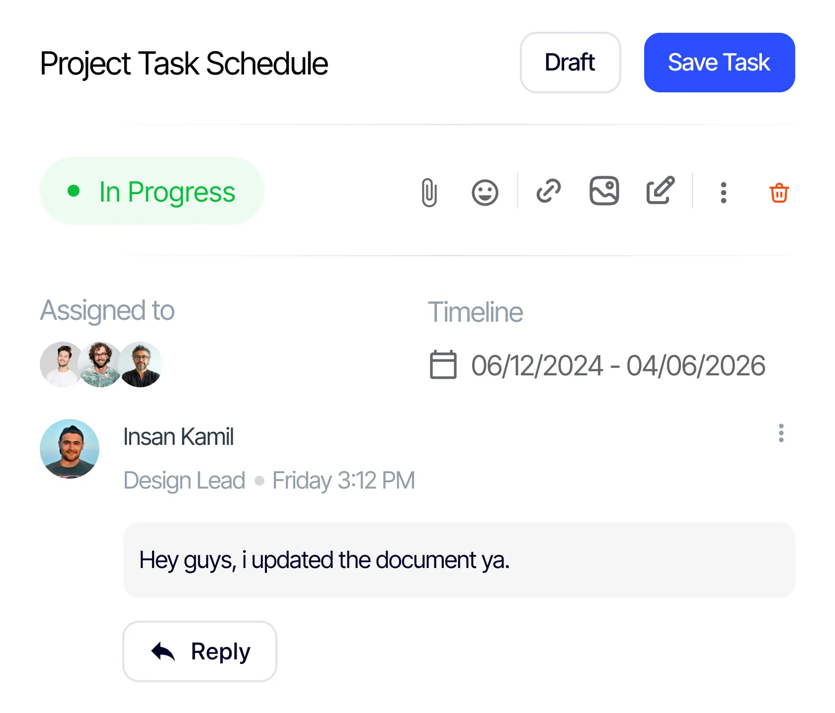 Project task schedule labeled In Progress, assigned to four people, timeline from 06/12/2024 to 04/06/2026.