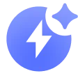 Blue circular icon with a plus sign inside and a spark-like shape at its top right