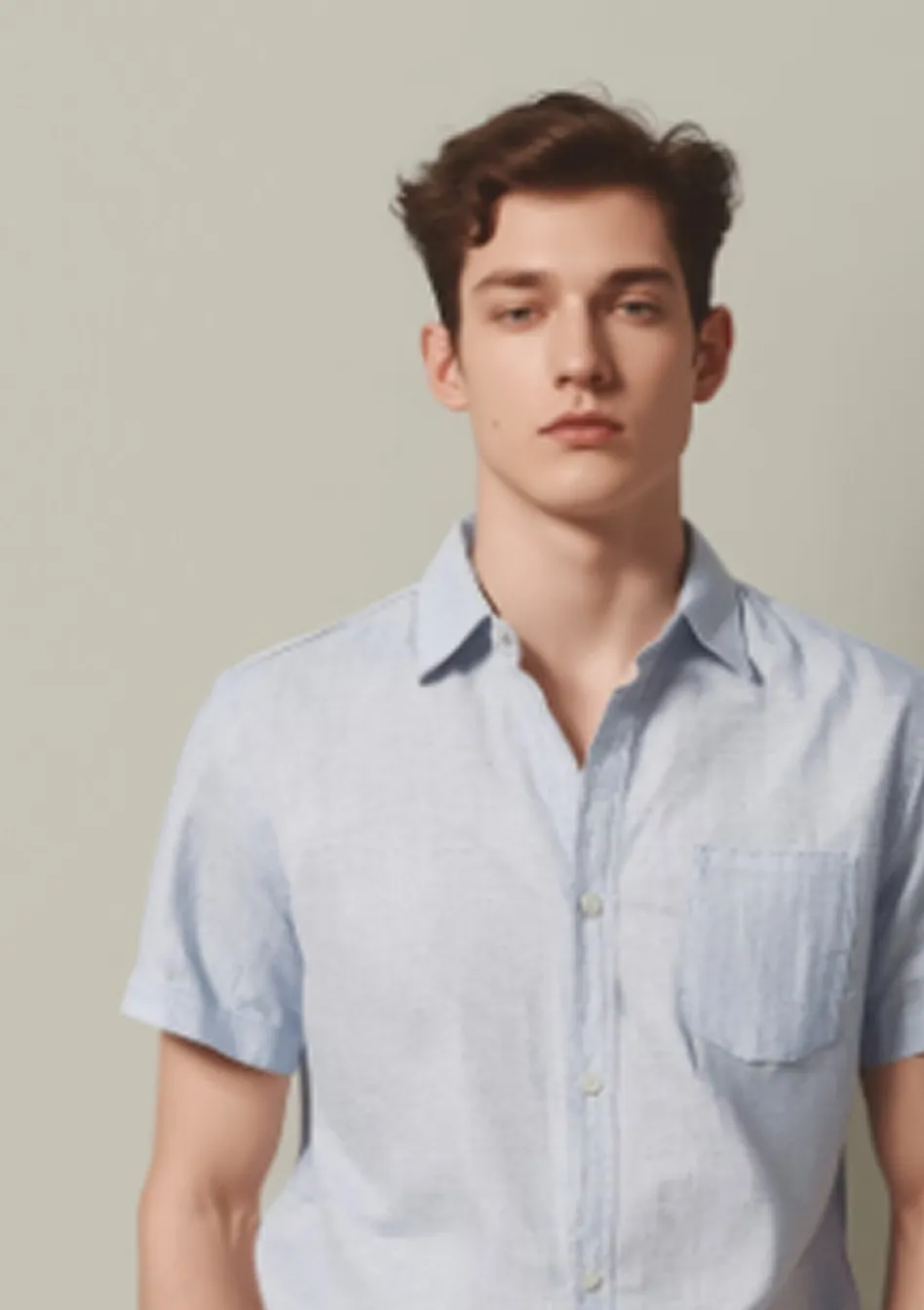 Young man with short curly hair wearing a light blue short-sleeve button-up shirt.