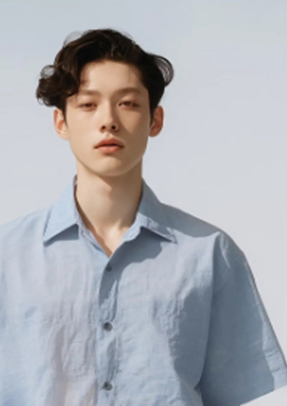 Young man with wavy black hair wearing a light blue button-up shirt against a light background.