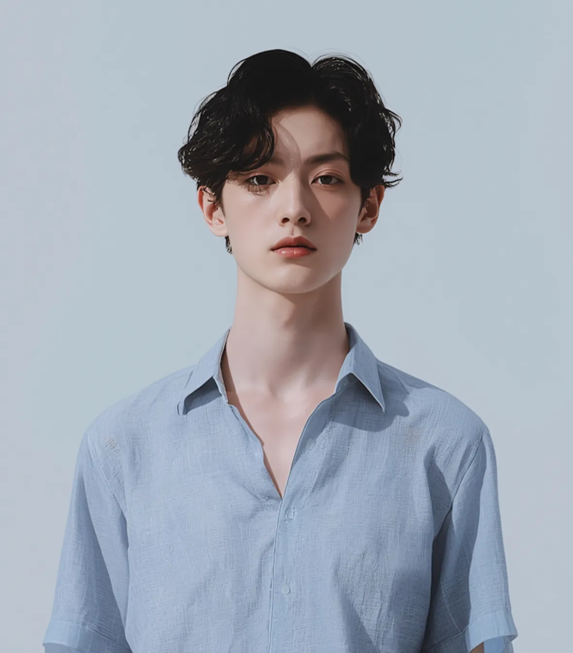 Young person with dark curly hair wearing a light blue shirt against a pale blue background.