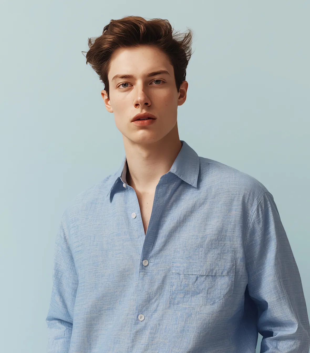 Young man with tousled brown hair wearing a light blue button-up shirt against a pale blue background.