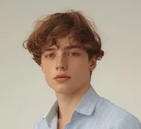 Young man with curly brown hair wearing a light blue shirt against a neutral background.
